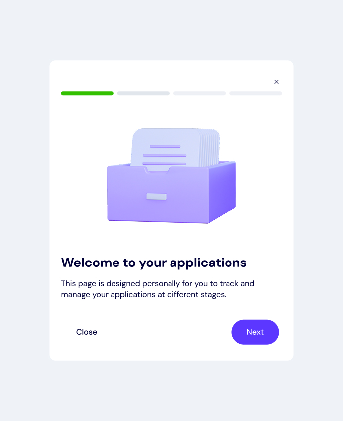 Mockup of introduction modal to application step