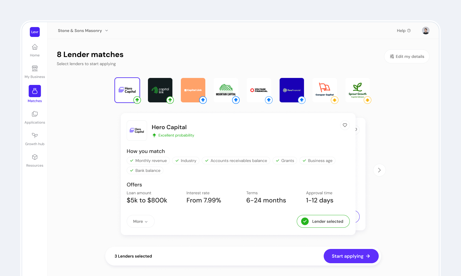 Mockup of lender matches in desktop view